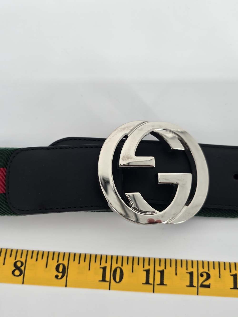 Gucci Green/Red Web Canvas Leather Belt with Silver GG Buckle - Picture 3 of 10